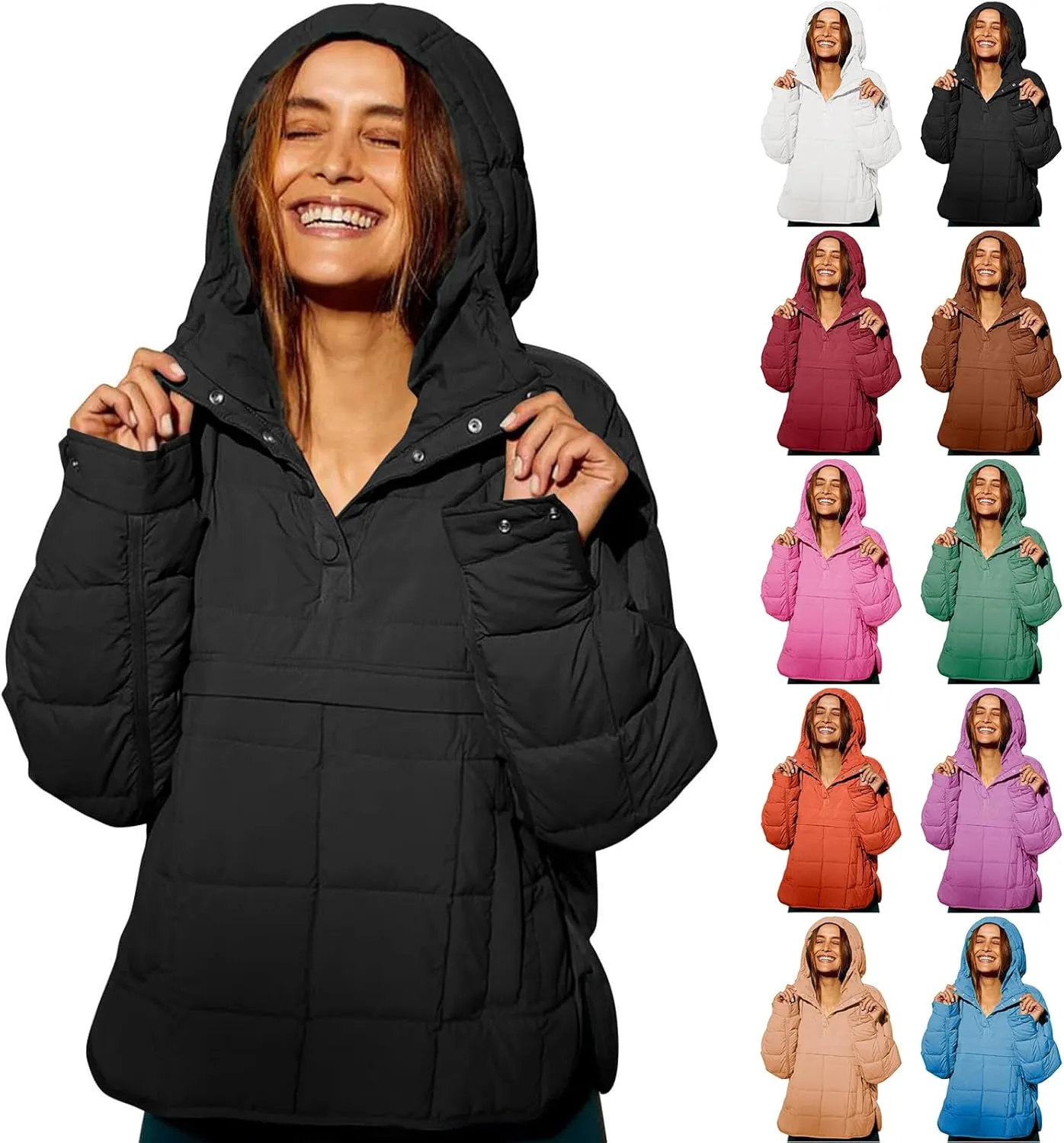 Womens Quilted Pullover Puffer Jacket Oversized Hooded Sweatshirt Jackets Lightweight Packable Down Coat Winter Tops