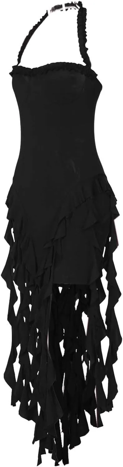 Women's Sexy Halter Neck Tassels Ruffle Backless Bodycon Mini Dress Sleeveless Backless Hem Party Short Dresses