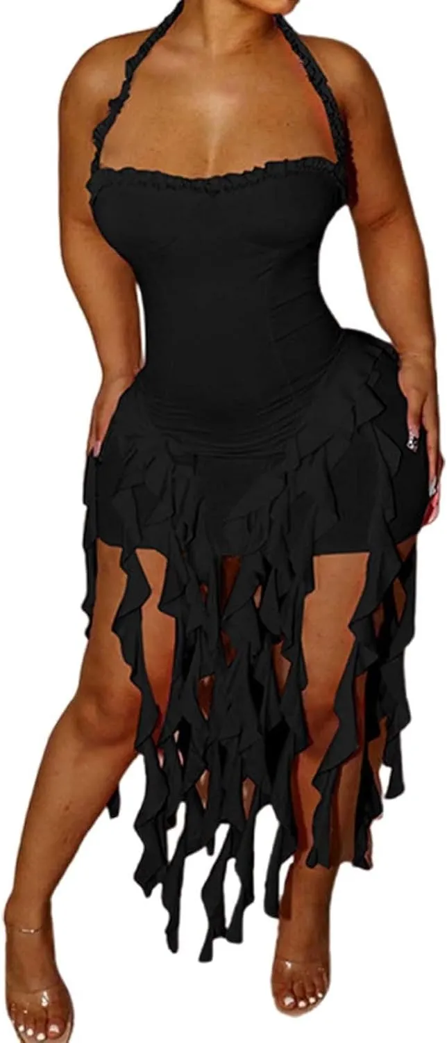 Women's Sexy Halter Neck Tassels Ruffle Backless Bodycon Mini Dress Sleeveless Backless Hem Party Short Dresses