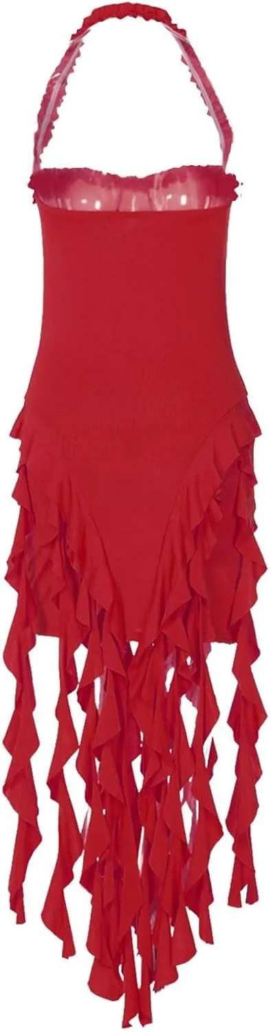 Women's Sexy Halter Neck Tassels Ruffle Backless Bodycon Mini Dress Sleeveless Backless Hem Party Short Dresses