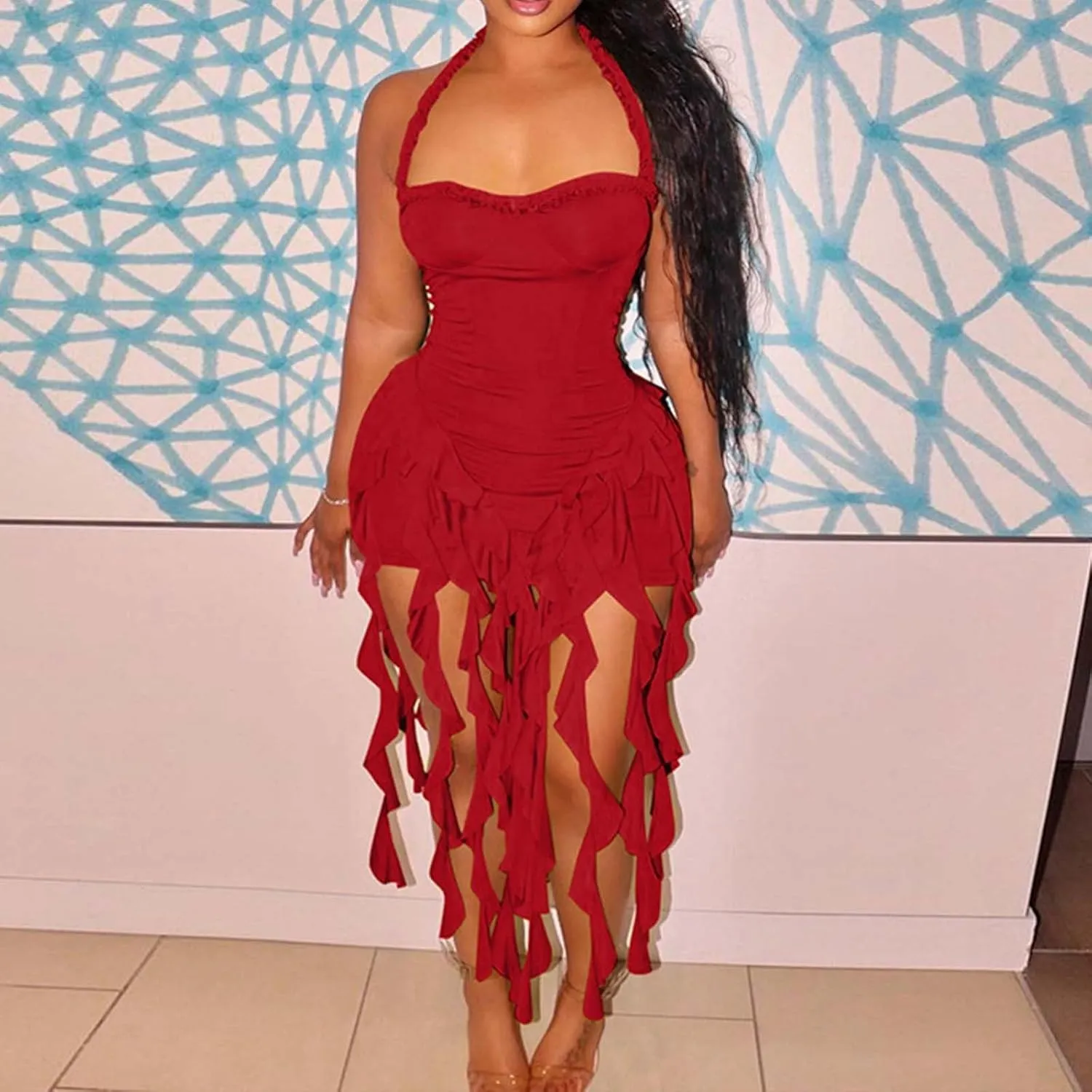 Women's Sexy Halter Neck Tassels Ruffle Backless Bodycon Mini Dress Sleeveless Backless Hem Party Short Dresses