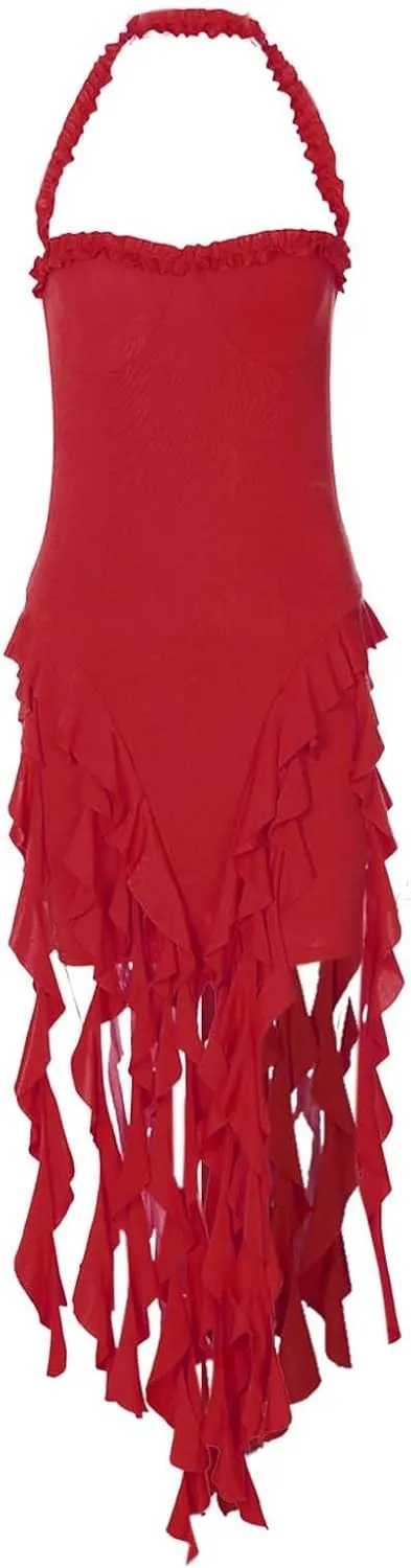 Women's Sexy Halter Neck Tassels Ruffle Backless Bodycon Mini Dress Sleeveless Backless Hem Party Short Dresses