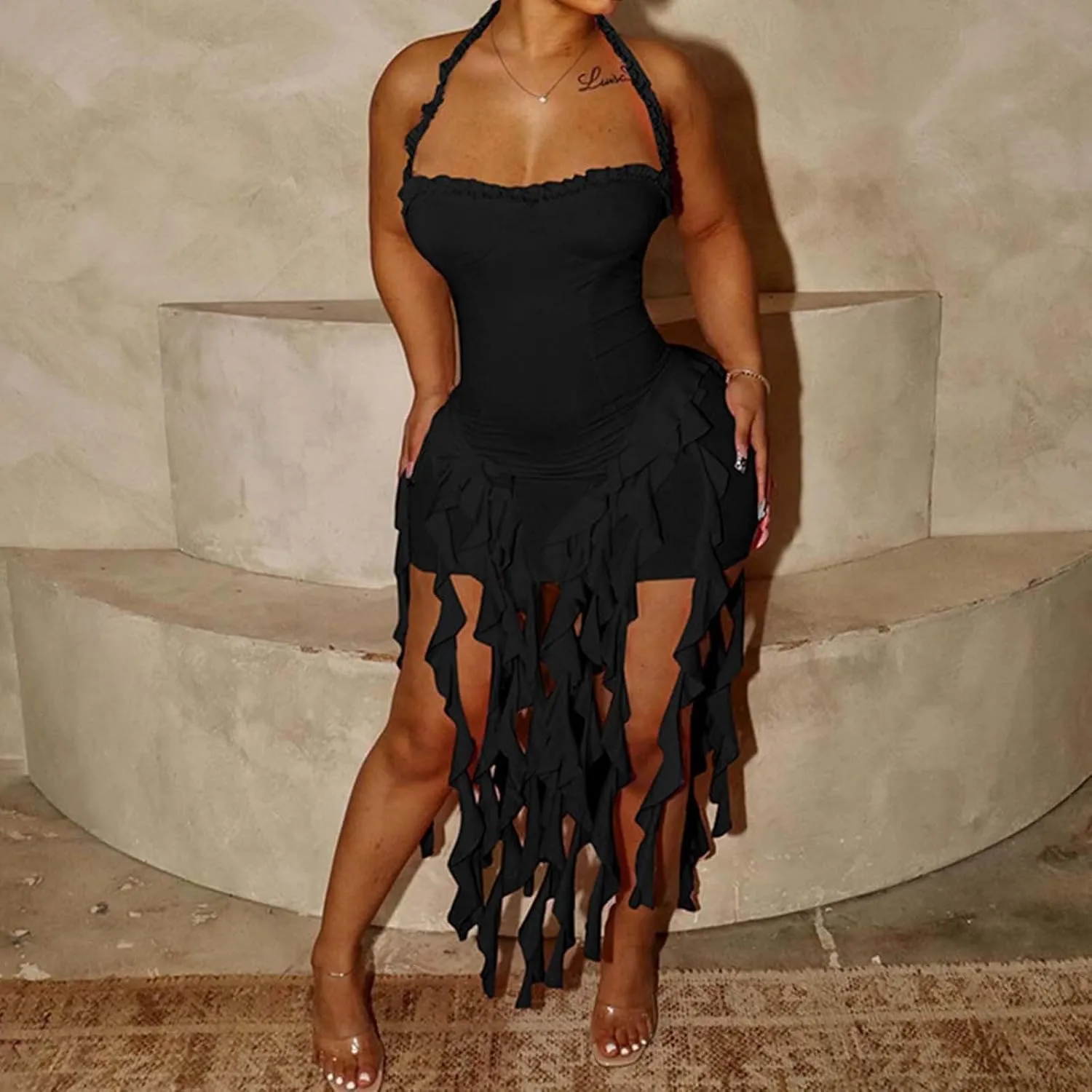 Women's Sexy Halter Neck Tassels Ruffle Backless Bodycon Mini Dress Sleeveless Backless Hem Party Short Dresses