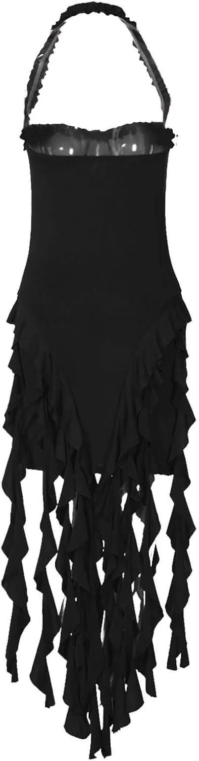 Women's Sexy Halter Neck Tassels Ruffle Backless Bodycon Mini Dress Sleeveless Backless Hem Party Short Dresses