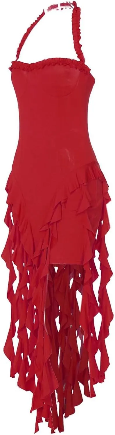 Women's Sexy Halter Neck Tassels Ruffle Backless Bodycon Mini Dress Sleeveless Backless Hem Party Short Dresses