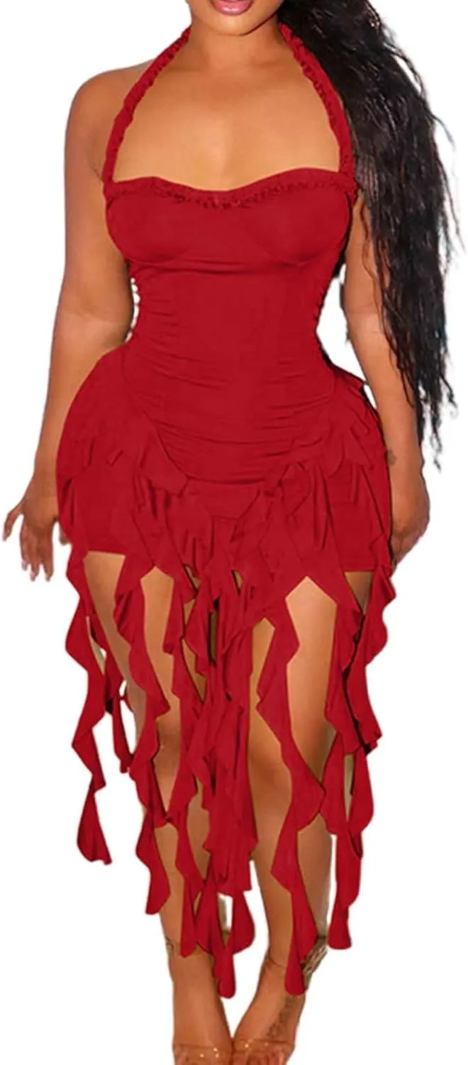 Women's Sexy Halter Neck Tassels Ruffle Backless Bodycon Mini Dress Sleeveless Backless Hem Party Short Dresses