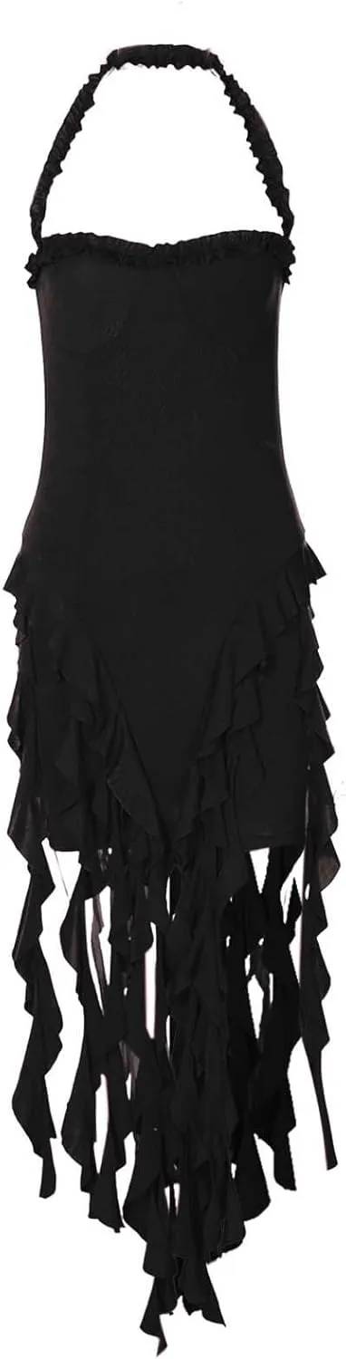 Women's Sexy Halter Neck Tassels Ruffle Backless Bodycon Mini Dress Sleeveless Backless Hem Party Short Dresses