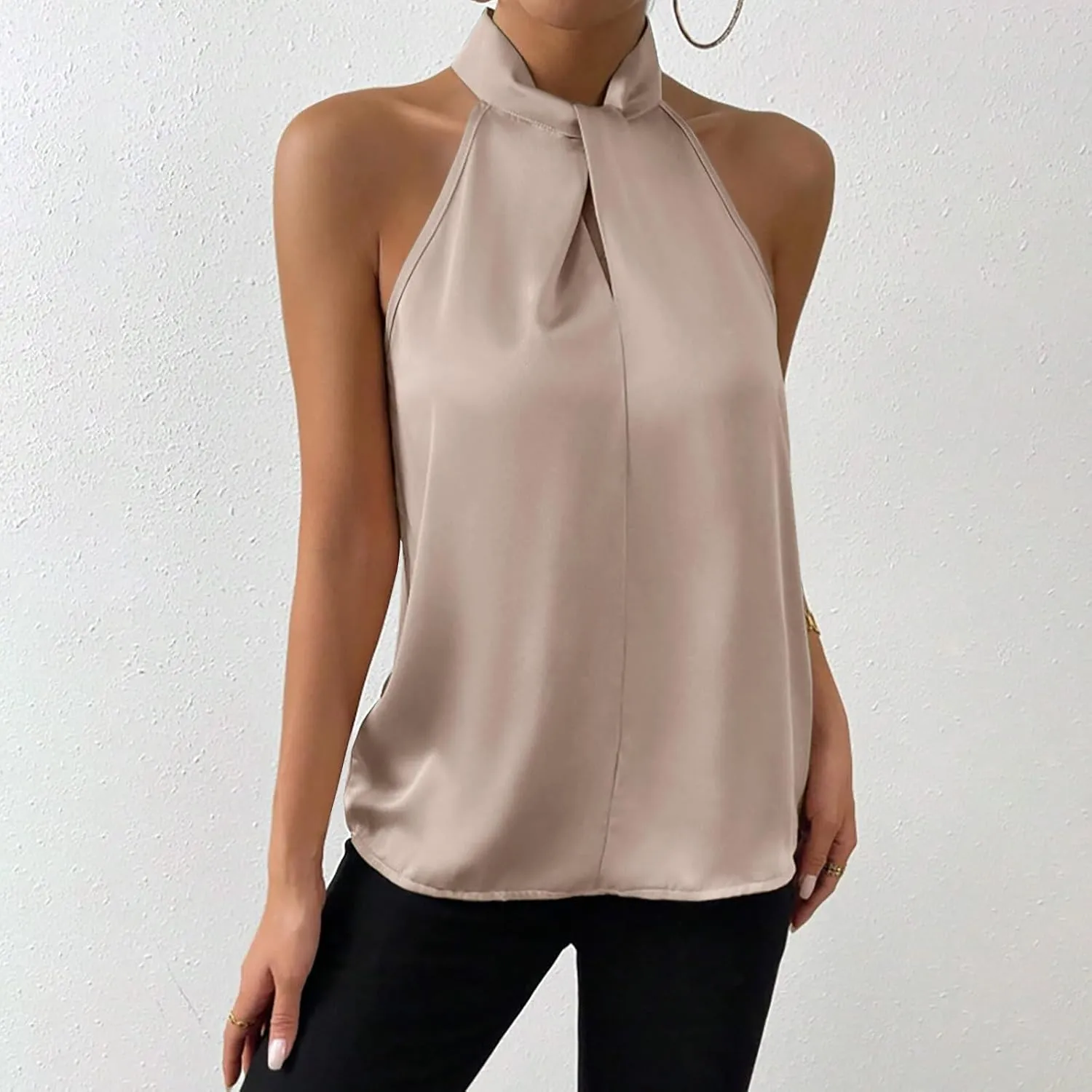 Women's Silk Satin Tank Sexy Elegant Halterneck T Shirts Fashion Sleeveless Shirts Tops Casual Summer Dressy Blouse
