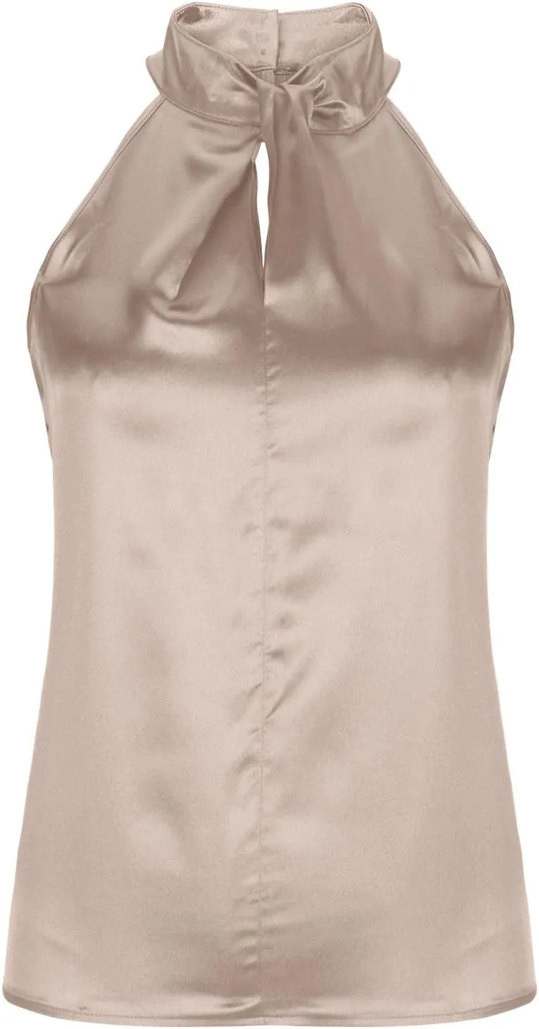 Women's Silk Satin Tank Sexy Elegant Halterneck T Shirts Fashion Sleeveless Shirts Tops Casual Summer Dressy Blouse