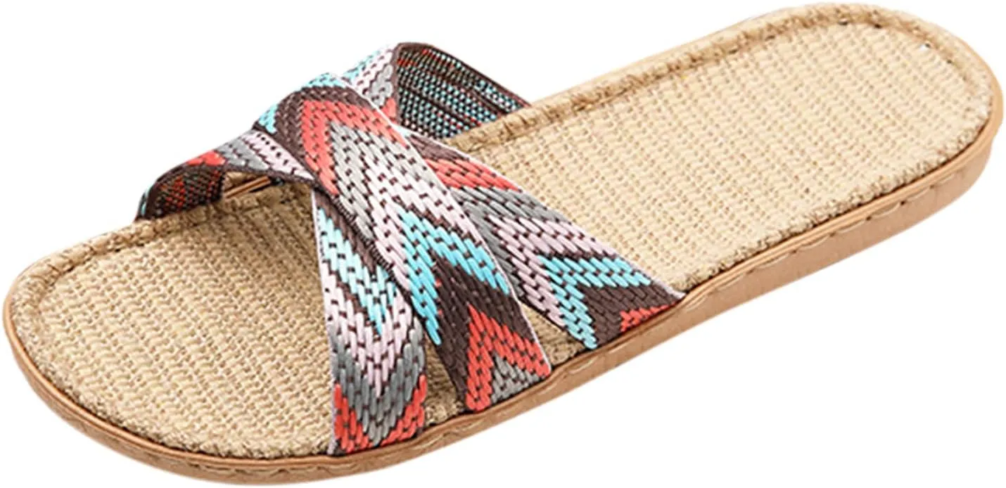 Womens Slippers Summer Beach Flat Slippers Flax Cross House Shoes Breathable Outdoor Sandals Vacation Bohemia Shoes