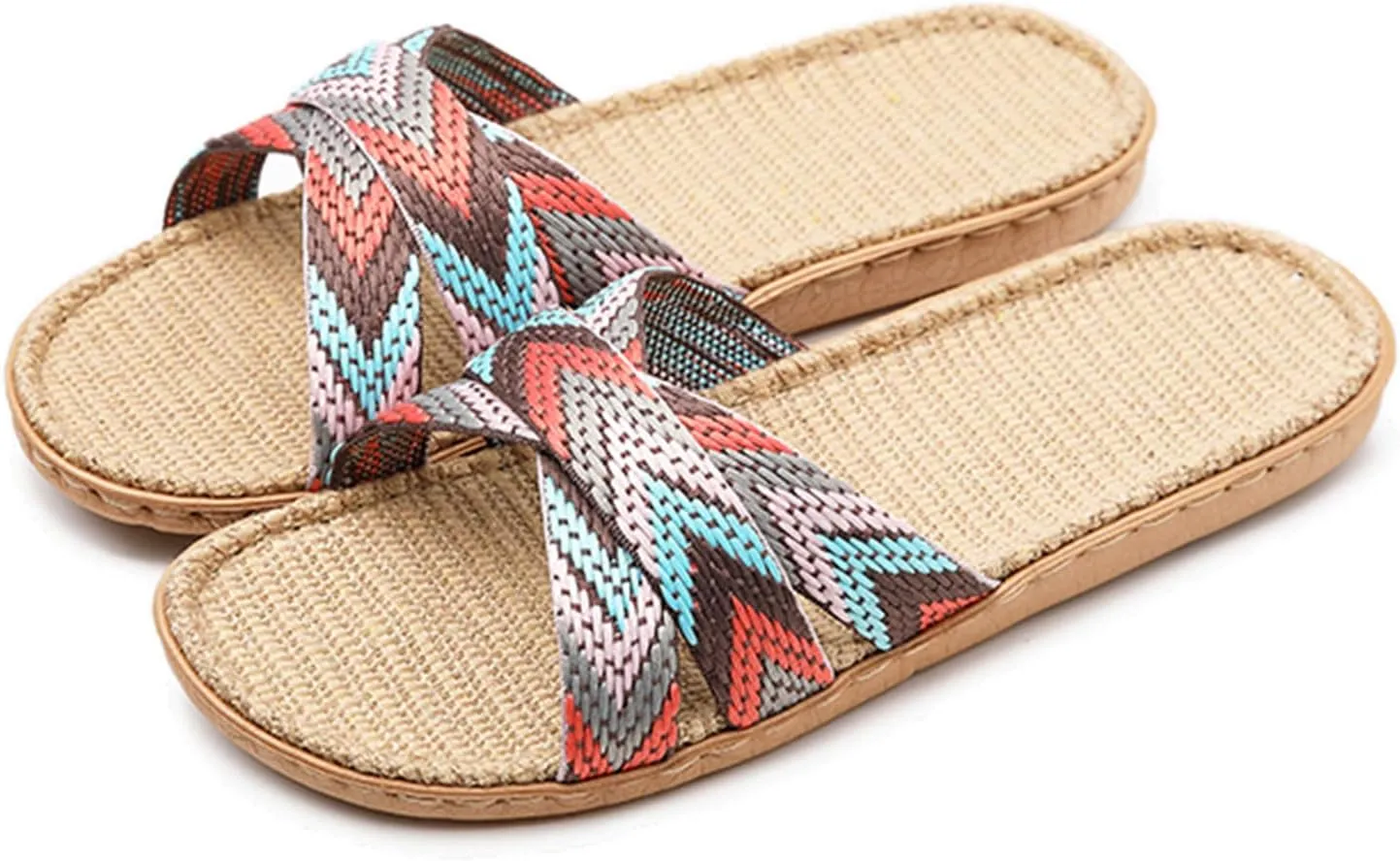 Womens Slippers Summer Beach Flat Slippers Flax Cross House Shoes Breathable Outdoor Sandals Vacation Bohemia Shoes
