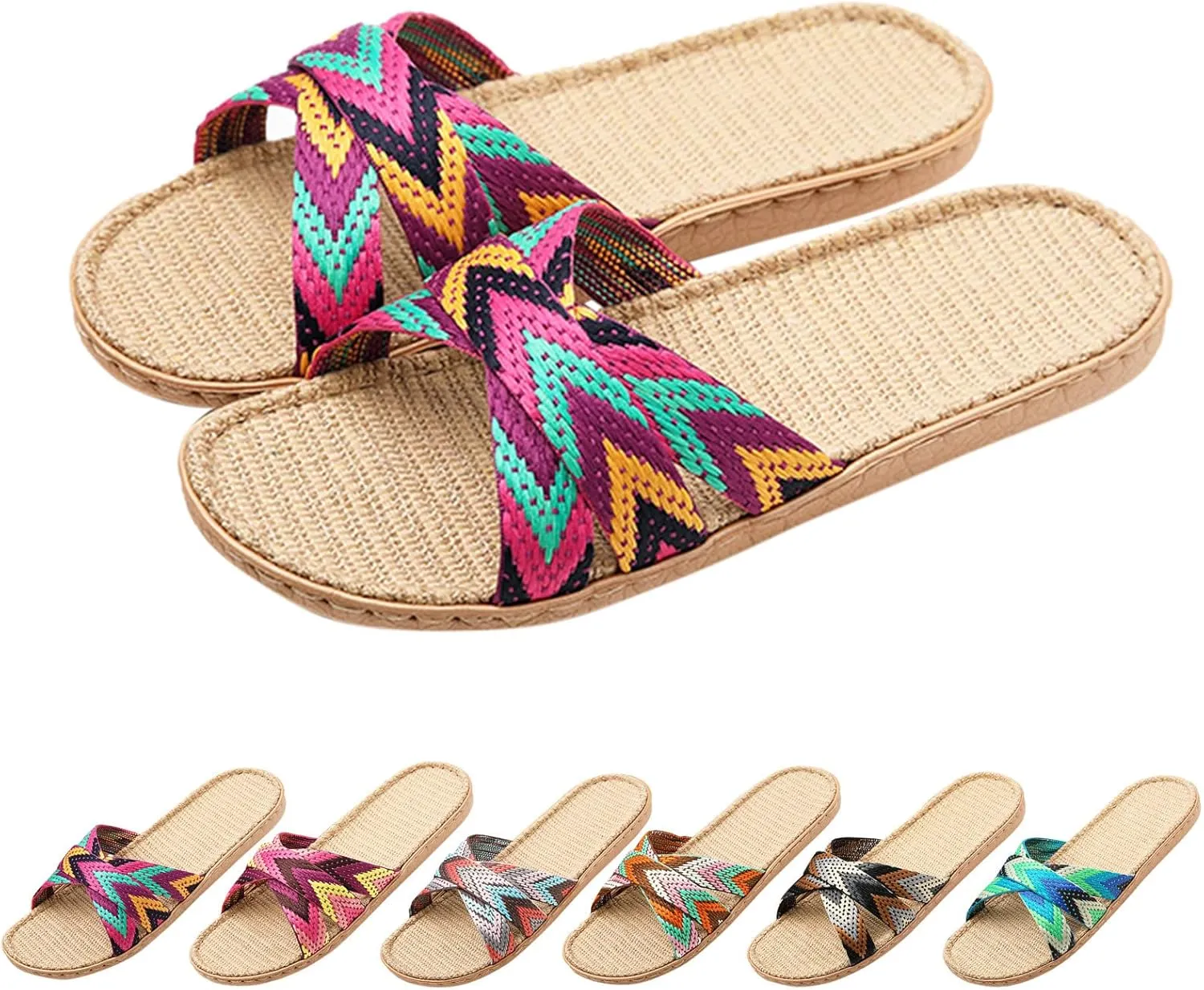 Womens Slippers Summer Beach Flat Slippers Flax Cross House Shoes Breathable Outdoor Sandals Vacation Bohemia Shoes