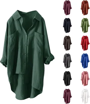Women's Solid Color Shirts Business Single Breasted High Low Irregular Hem Long Sleeve Loose Blouse Office Work Tops