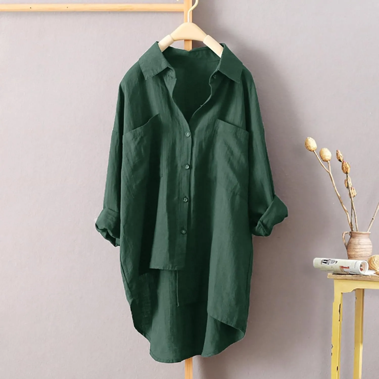 Women's Solid Color Shirts Business Single Breasted High Low Irregular Hem Long Sleeve Loose Blouse Office Work Tops