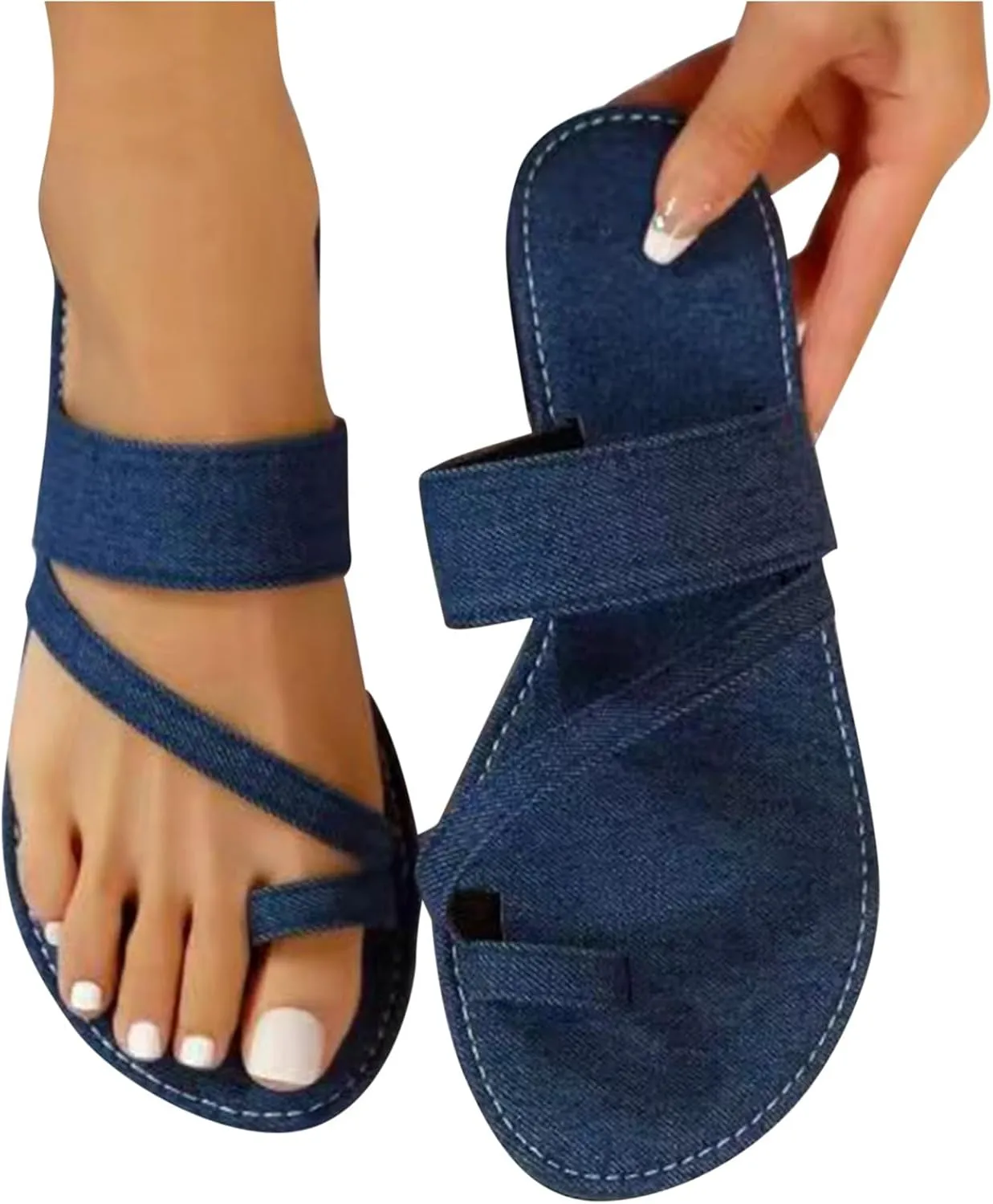 Women's Solid Toe Ring Sandal Strappy Textured Trendy Summer Slipper Flat Elegant Slip on Shoe Vacation Beach Sandals