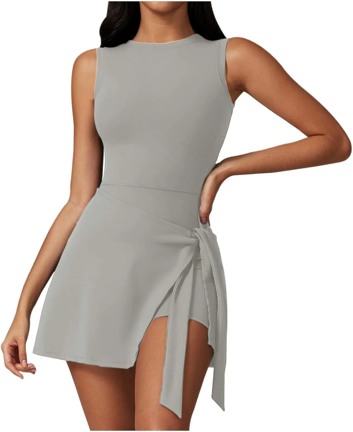 Women's Sports Tank Romper Sleeveless Workout Mini Dress Solid Knot Wrap High Elasticity Gym Yoga Running Outfits