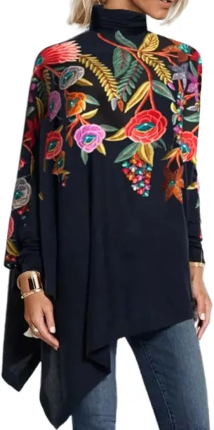 Women's Spring Boho Floral Mock Neck Asymmetrical Hem Long Sleeve Tunic Top Casual Loose Turtleneck Blouse Shirt
