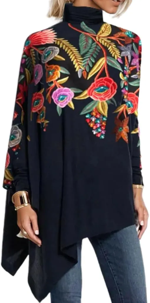 Women's Spring Boho Floral Mock Neck Asymmetrical Hem Long Sleeve Tunic Top Casual Loose Turtleneck Blouse Shirt