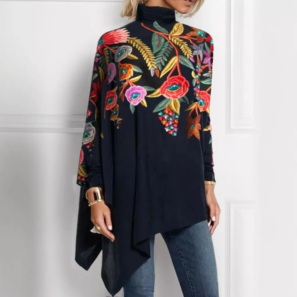 Women's Spring Boho Floral Mock Neck Asymmetrical Hem Long Sleeve Tunic Top Casual Loose Turtleneck Blouse Shirt