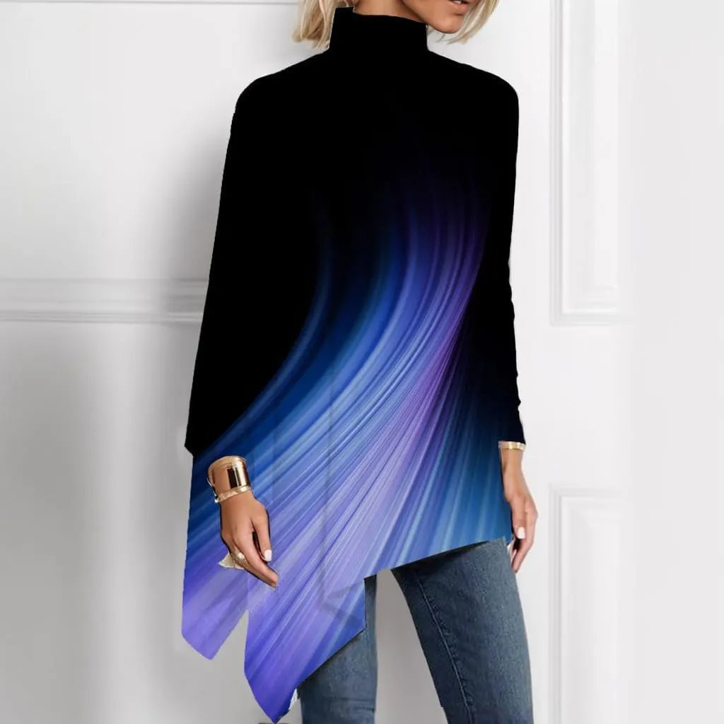 Women's Spring Boho Floral Mock Neck Asymmetrical Hem Long Sleeve Tunic Top Casual Loose Turtleneck Blouse Shirt