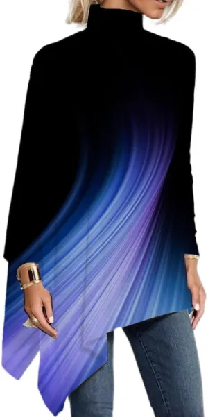 Women's Spring Boho Floral Mock Neck Asymmetrical Hem Long Sleeve Tunic Top Casual Loose Turtleneck Blouse Shirt