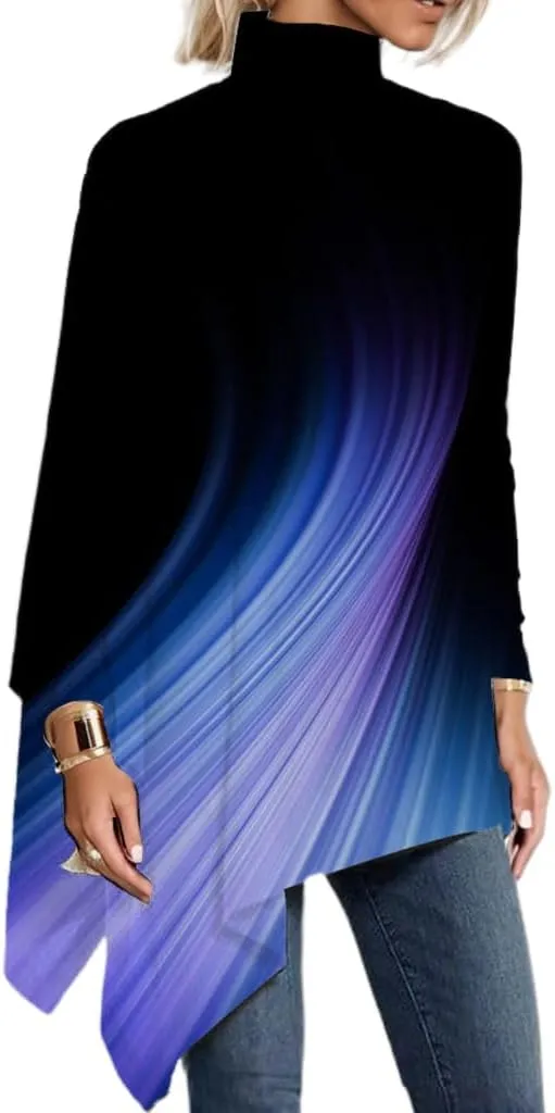 Women's Spring Boho Floral Mock Neck Asymmetrical Hem Long Sleeve Tunic Top Casual Loose Turtleneck Blouse Shirt