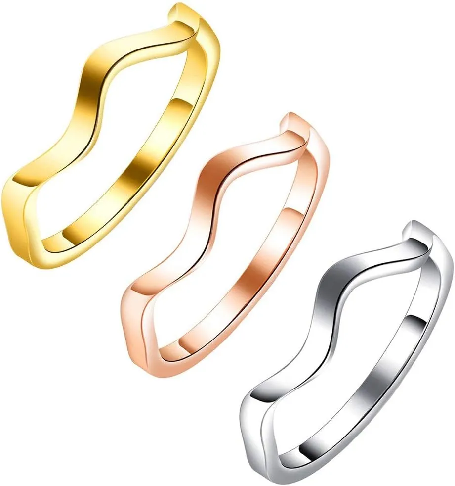 Women's Stainless Steel 2MM Thin Knuckle Midi Stacking Rings Wave Design Engagement Wedding Bands
