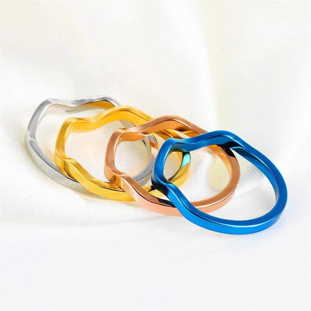 Women's Stainless Steel 2MM Thin Knuckle Midi Stacking Rings Wave Design Engagement Wedding Bands