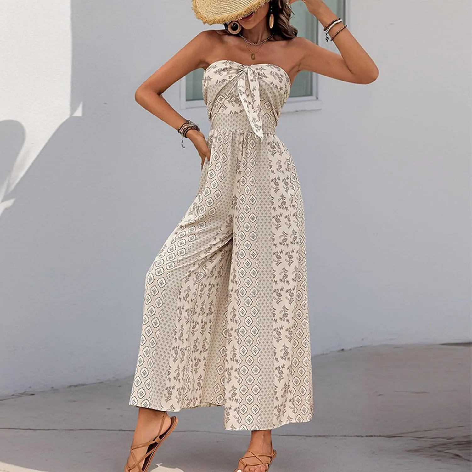 Women's Strapless Floral Ethnic Printed Sleeveless Rompers Beachwear Casual Loose One Piece Wide Leg Pants Jumpsuit