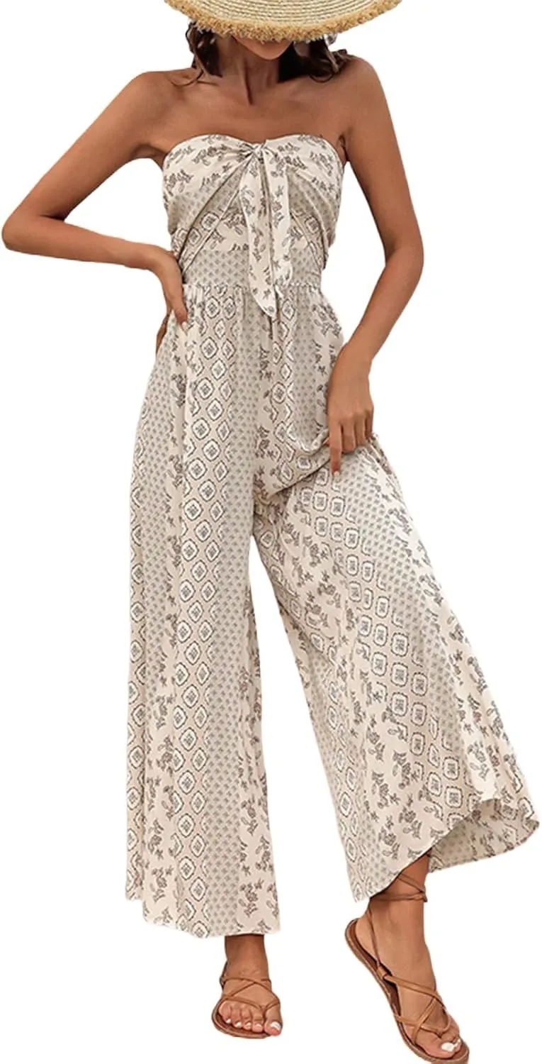 Women's Strapless Floral Ethnic Printed Sleeveless Rompers Beachwear Casual Loose One Piece Wide Leg Pants Jumpsuit