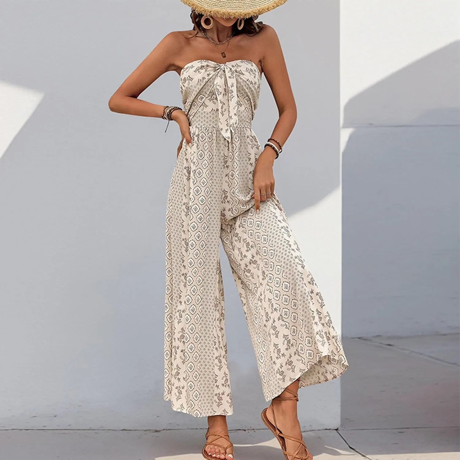 Women's Strapless Floral Ethnic Printed Sleeveless Rompers Beachwear Casual Loose One Piece Wide Leg Pants Jumpsuit