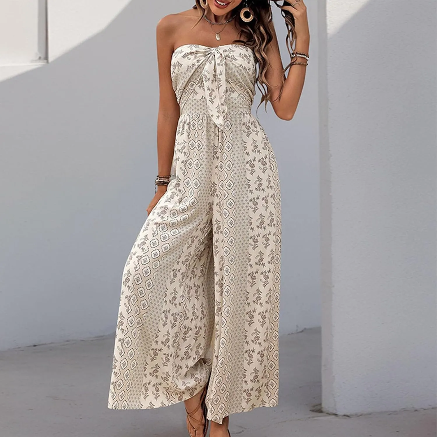 Women's Strapless Floral Ethnic Printed Sleeveless Rompers Beachwear Casual Loose One Piece Wide Leg Pants Jumpsuit