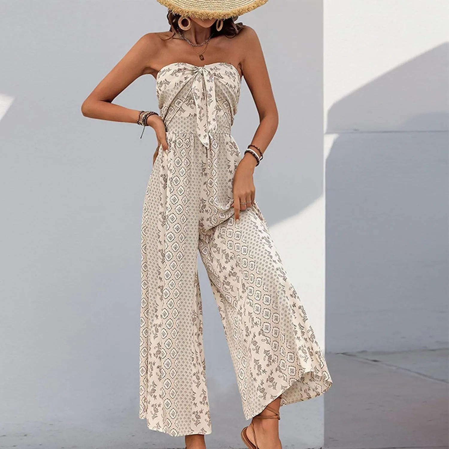 Women's Strapless Floral Ethnic Printed Sleeveless Rompers Beachwear Casual Loose One Piece Wide Leg Pants Jumpsuit