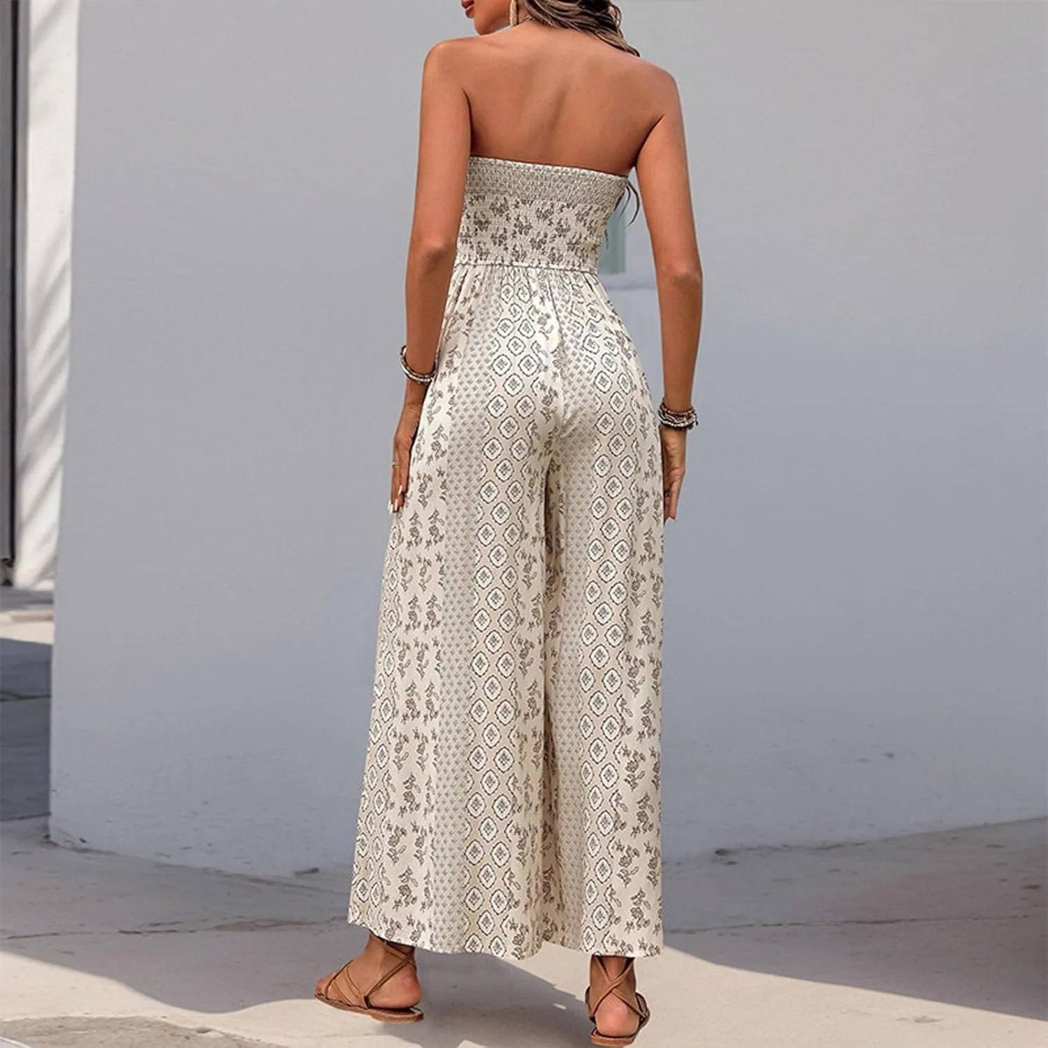 Women's Strapless Floral Ethnic Printed Sleeveless Rompers Beachwear Casual Loose One Piece Wide Leg Pants Jumpsuit