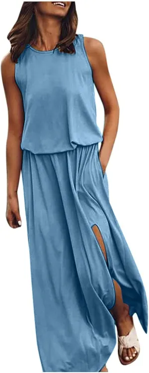 Women's Summer 2024 Round Neck Solid Sleeveless Dress with Slits Fashionable and Elegant Long Skirt
