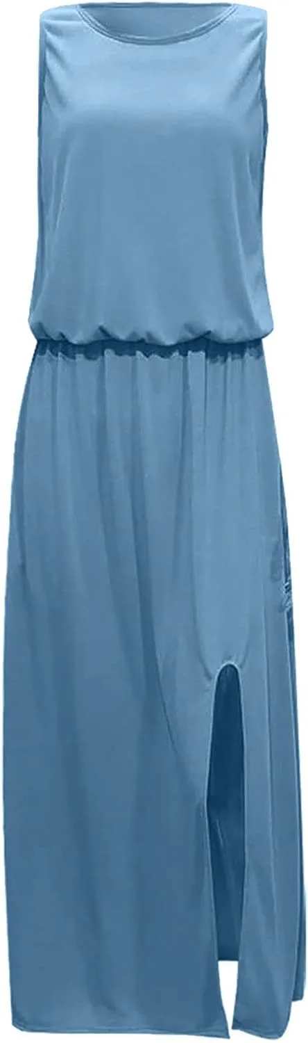 Women's Summer 2024 Round Neck Solid Sleeveless Dress with Slits Fashionable and Elegant Long Skirt