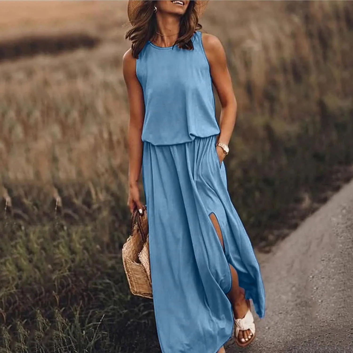 Women's Summer 2024 Round Neck Solid Sleeveless Dress with Slits Fashionable and Elegant Long Skirt