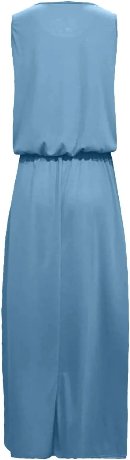 Women's Summer 2024 Round Neck Solid Sleeveless Dress with Slits Fashionable and Elegant Long Skirt