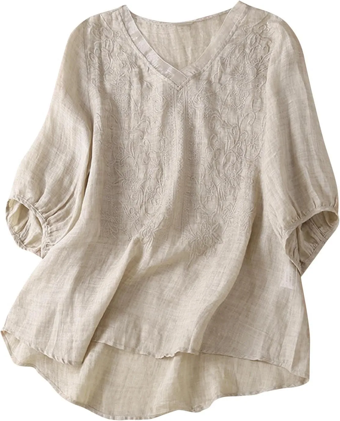 Women's Summer 3/4 Sleeve Cotton Linen Tops Vintage Mexican Embroidered Shirts Casual V Neck Boho Blouse Oversized