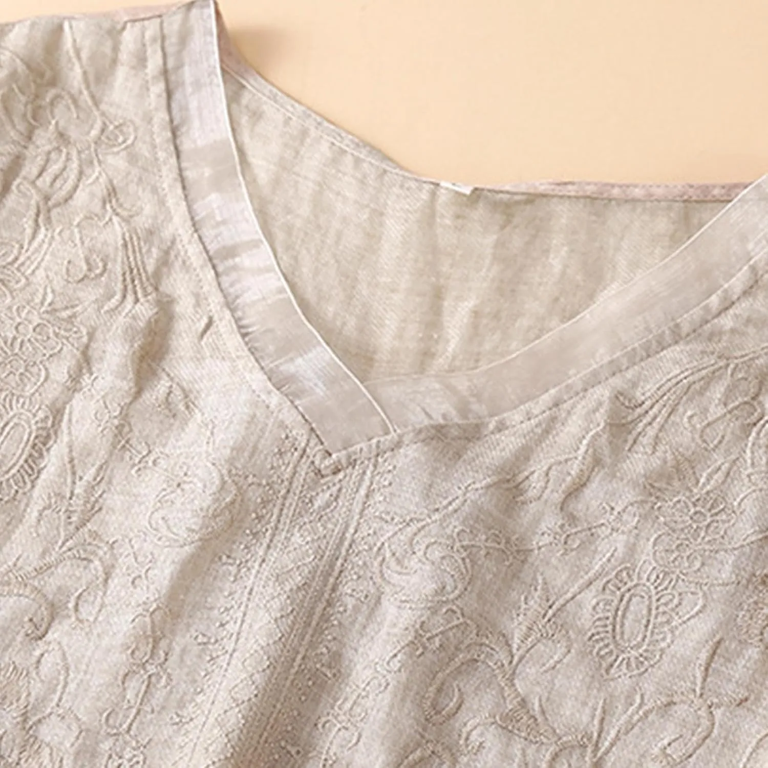 Women's Summer 3/4 Sleeve Cotton Linen Tops Vintage Mexican Embroidered Shirts Casual V Neck Boho Blouse Oversized