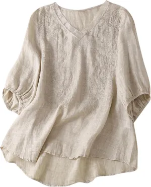 Women's Summer 3/4 Sleeve Cotton Linen Tops Vintage Mexican Embroidered Shirts Casual V Neck Boho Blouse Oversized