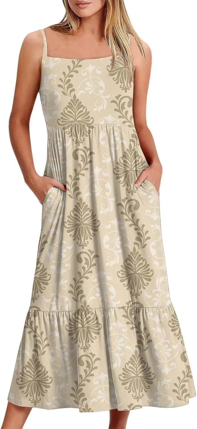 Women's Summer Dress 2025 Boho Midi Dresses Casual Floral Sleeveless Spaghetti Strap Square Neck Ruffle Long Beach Sundresses