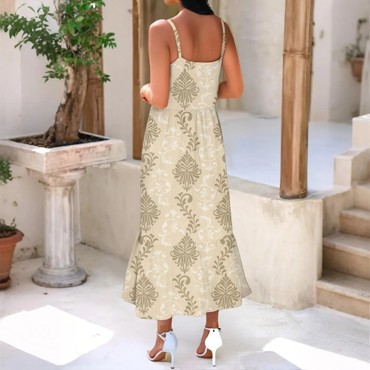Women's Summer Dress 2025 Boho Midi Dresses Casual Floral Sleeveless Spaghetti Strap Square Neck Ruffle Long Beach Sundresses