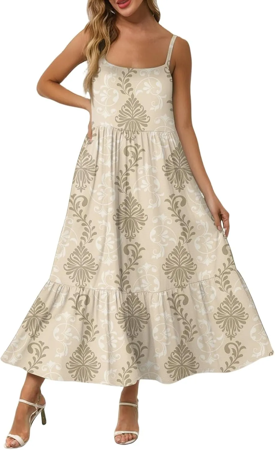 Women's Summer Dress 2025 Boho Midi Dresses Casual Floral Sleeveless Spaghetti Strap Square Neck Ruffle Long Beach Sundresses