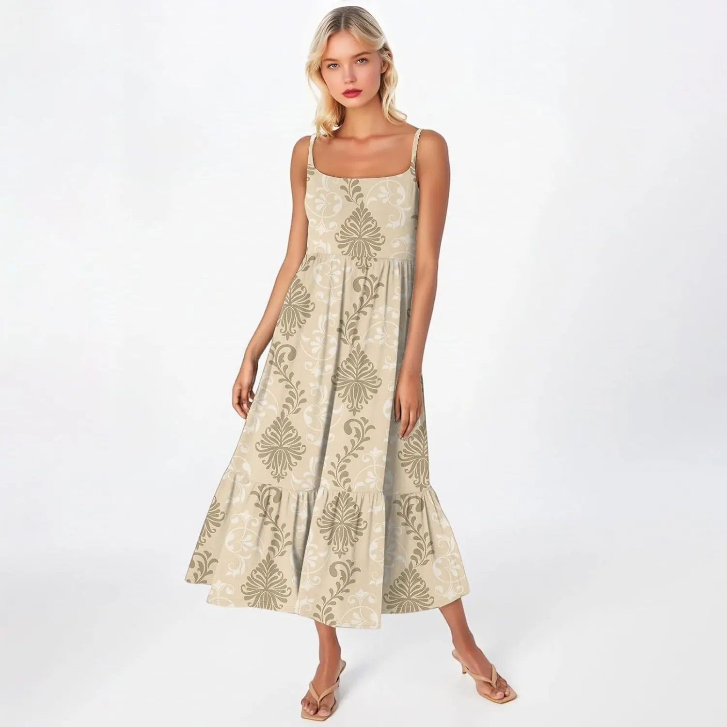 Women's Summer Dress 2025 Boho Midi Dresses Casual Floral Sleeveless Spaghetti Strap Square Neck Ruffle Long Beach Sundresses