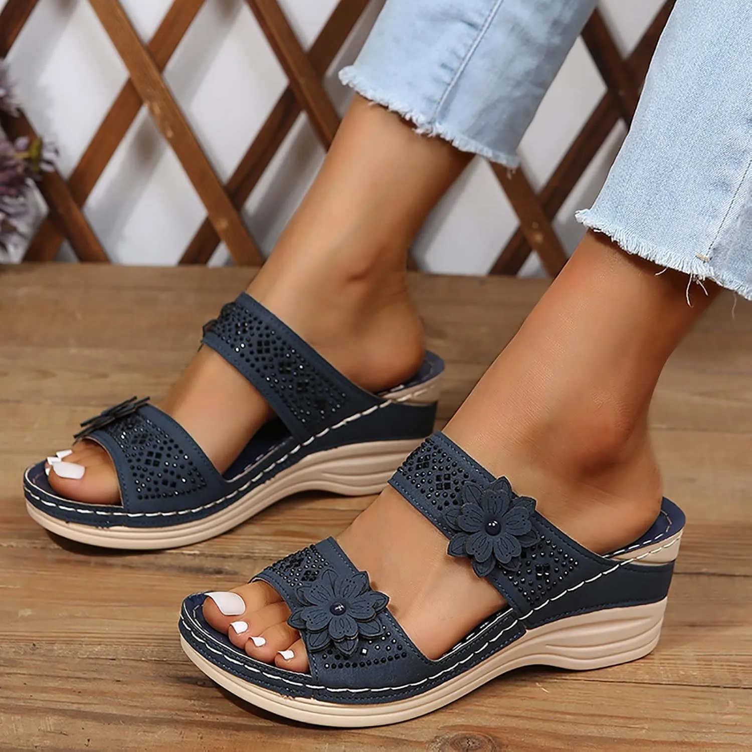 Women's Summer Sandals Arch Support Orthopedic Wedge Sandal Open Toe Slip On Platform Shoes Comfortable Walking Slides