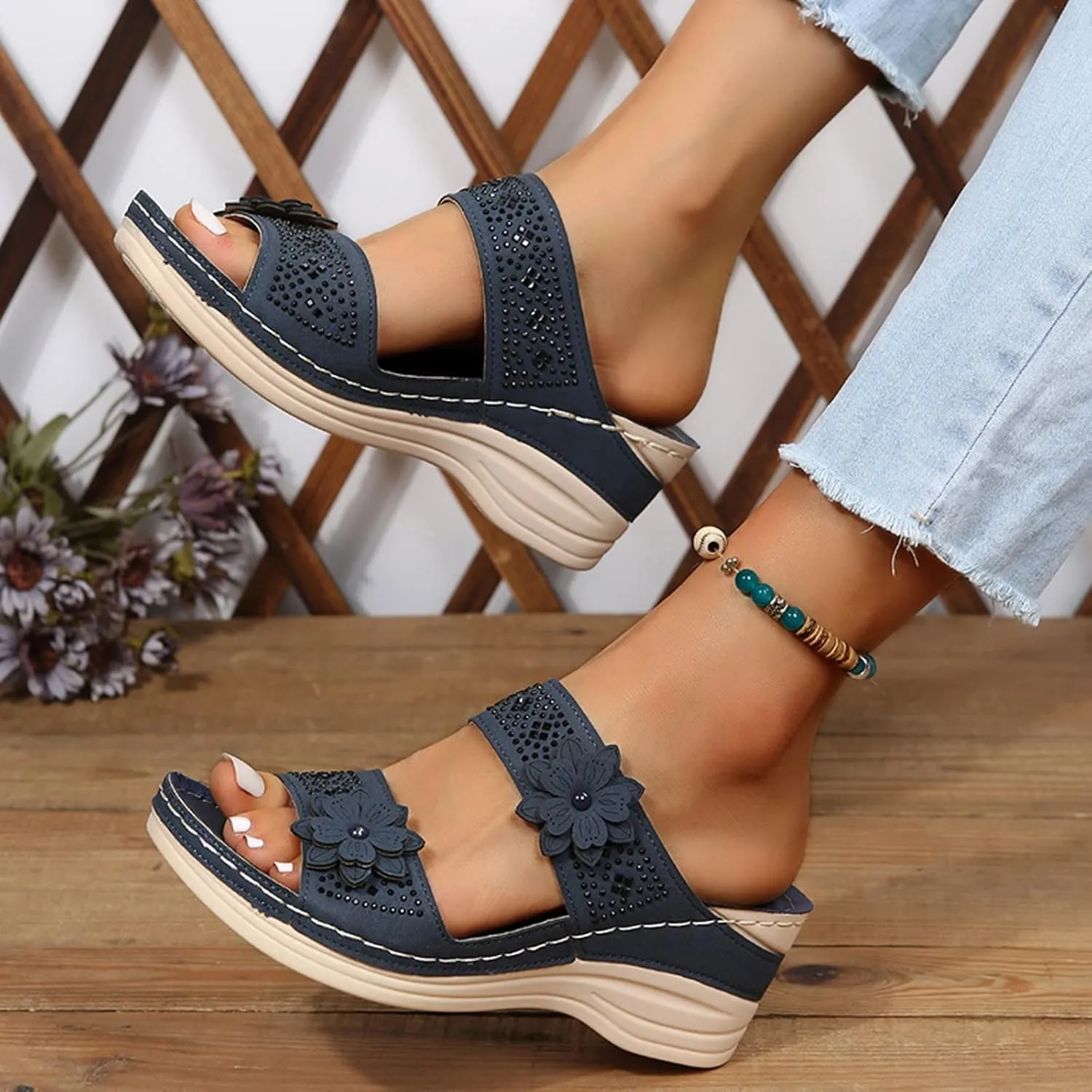 Women's Summer Sandals Arch Support Orthopedic Wedge Sandal Open Toe Slip On Platform Shoes Comfortable Walking Slides