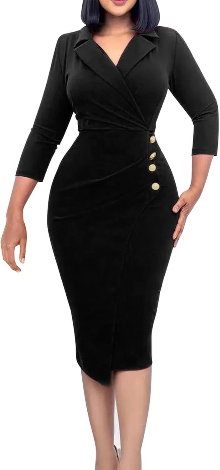 Women's Summer Soild Midi Bodycon Dresses Half Puff Sleeve Ruched Bodycon Cocktail Party Pencil Formal Dress