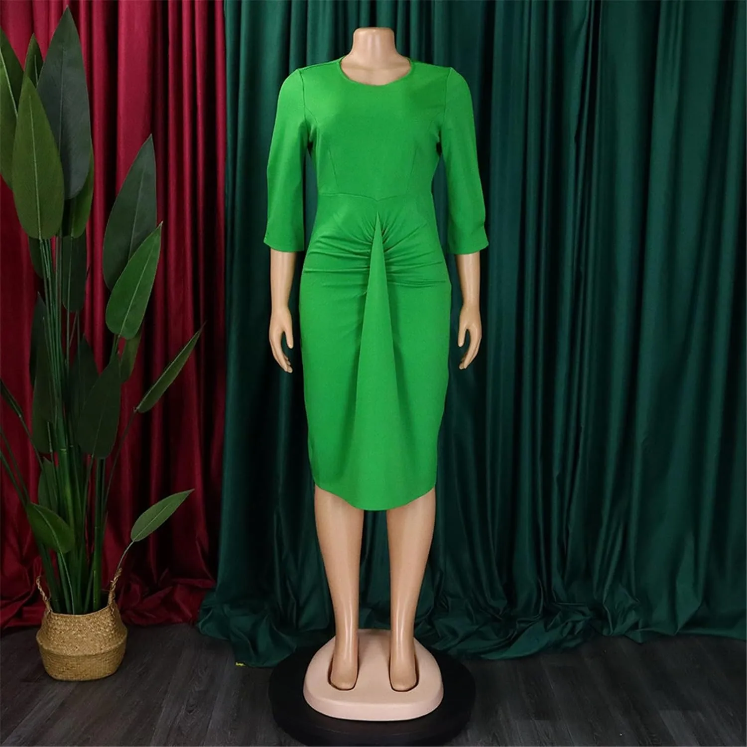 Women's Summer Soild Midi Bodycon Dresses Half Puff Sleeve Ruched Bodycon Cocktail Party Pencil Formal Dress