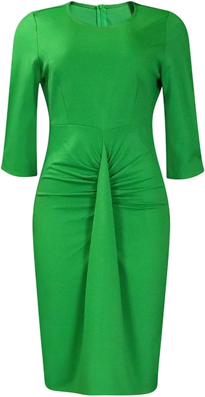 Women's Summer Soild Midi Bodycon Dresses Half Puff Sleeve Ruched Bodycon Cocktail Party Pencil Formal Dress